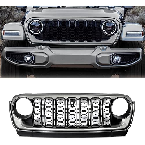 MIC Upgraded Front Grille Grill Guard Assembly Compatible with 2018-2024 Jeep Wrangler JL & Gladiator JT with Camera Hole (Billet Silver)