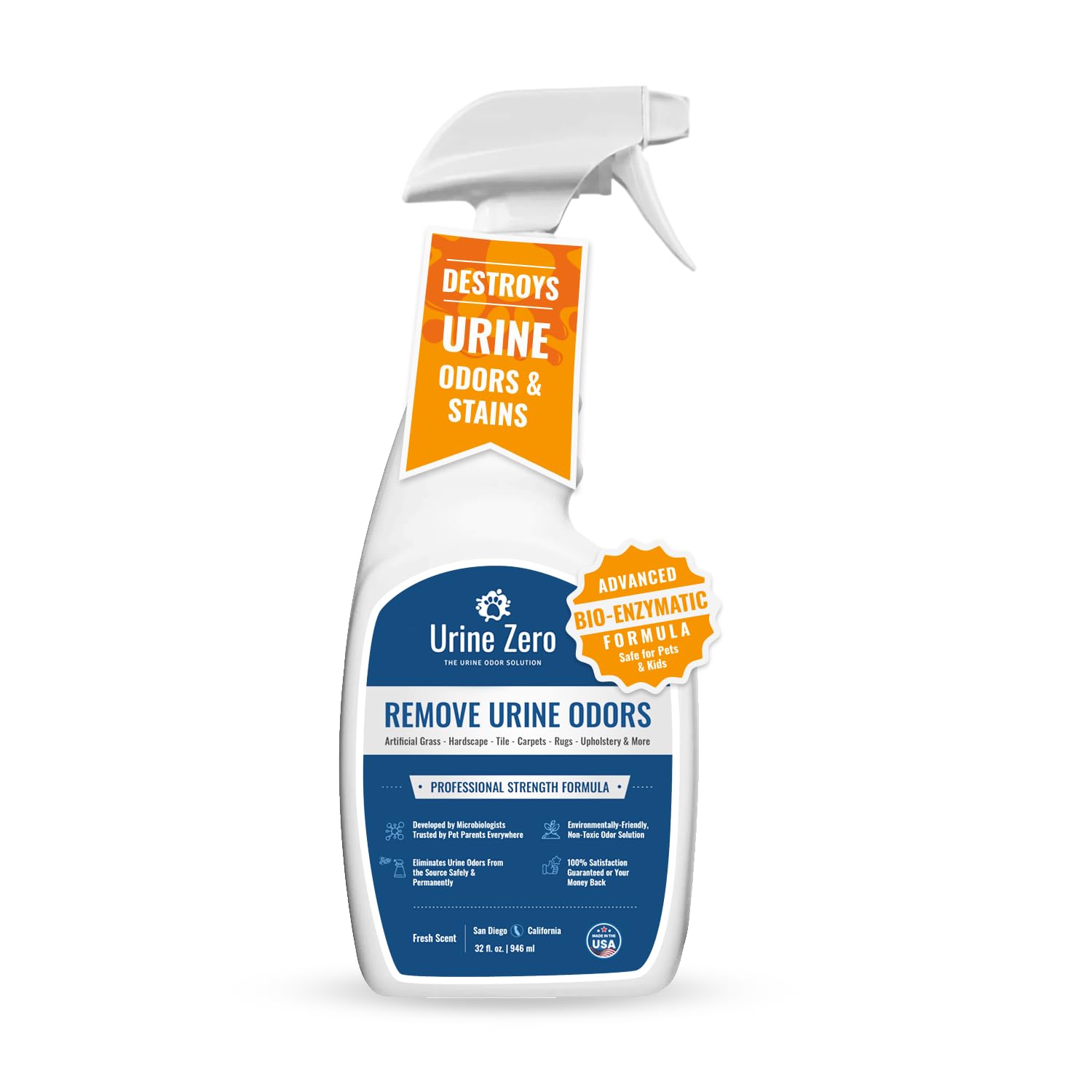 Pet Odor Eliminator Spray - Bio-Enzyme Cleaner for Dog & Cat Urine | Instantly Removes Odors on Artificial Grass, Carpet, Rugs & Tile | Pet & Kid Safe, 32 oz Ready-to-Use