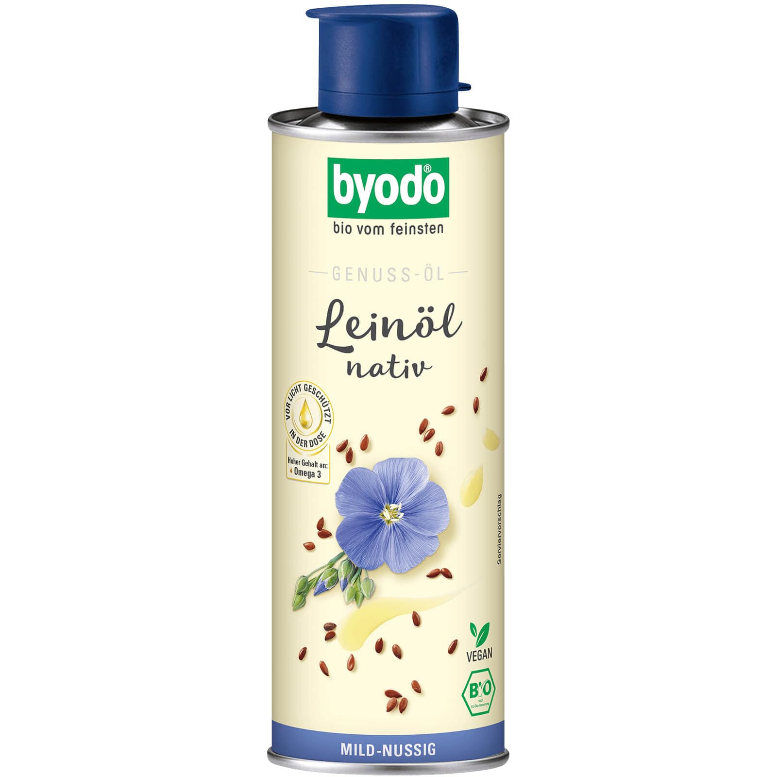 Kaltgepresstes Bio Leinöl von Byodo - 6 x 250 ml Dose, Mild-nussig, 100% reines Bio-Öl, Reich an Omega-3-Fettsäuren, Vegan