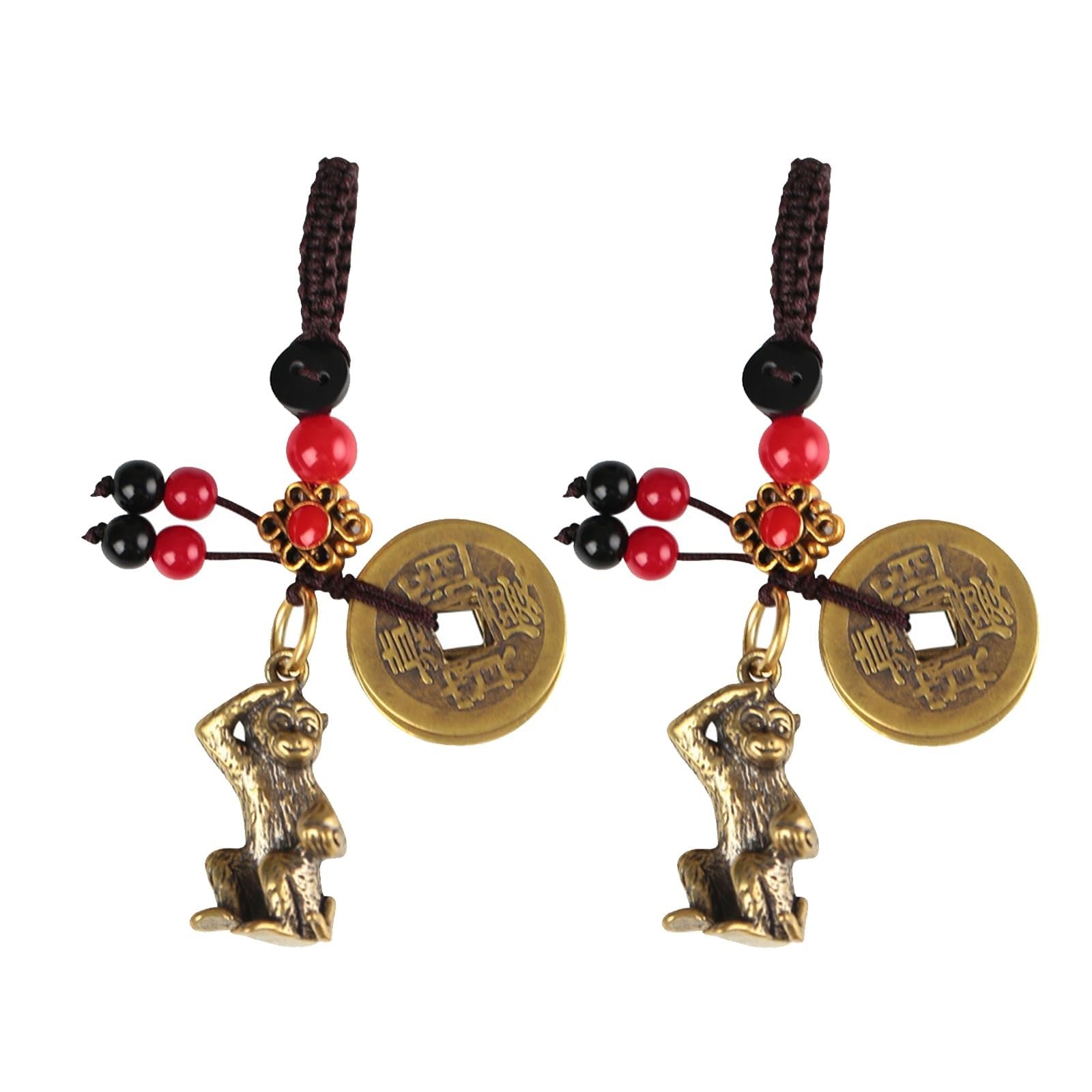YUZDNM 2pcs Brass Monkey Chinese Zodiac Signs Keychains with Fengshui Coins for Good Luck and Wealth, Motorcycle Car Bike Key Ring