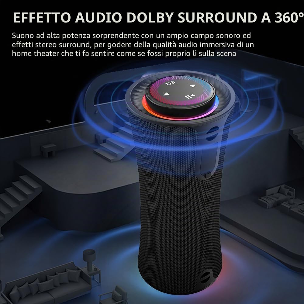 Cassa Bluetooth Portatile, 80W Peak Altoparlante Senza Fili con Bassi Profondi, Suono Stereo 360°, 24 Ore di Autonomia, Maniglia Comoda, Luci Colorate, Associazione Doppia per Casa, Feste, Outdoor
