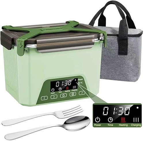 Fiambrera eléctrica inalámbrica, 1.2 L, con calefacción automática, funciona con pilas, sin BPA, apta para preparación de comidas (verde)