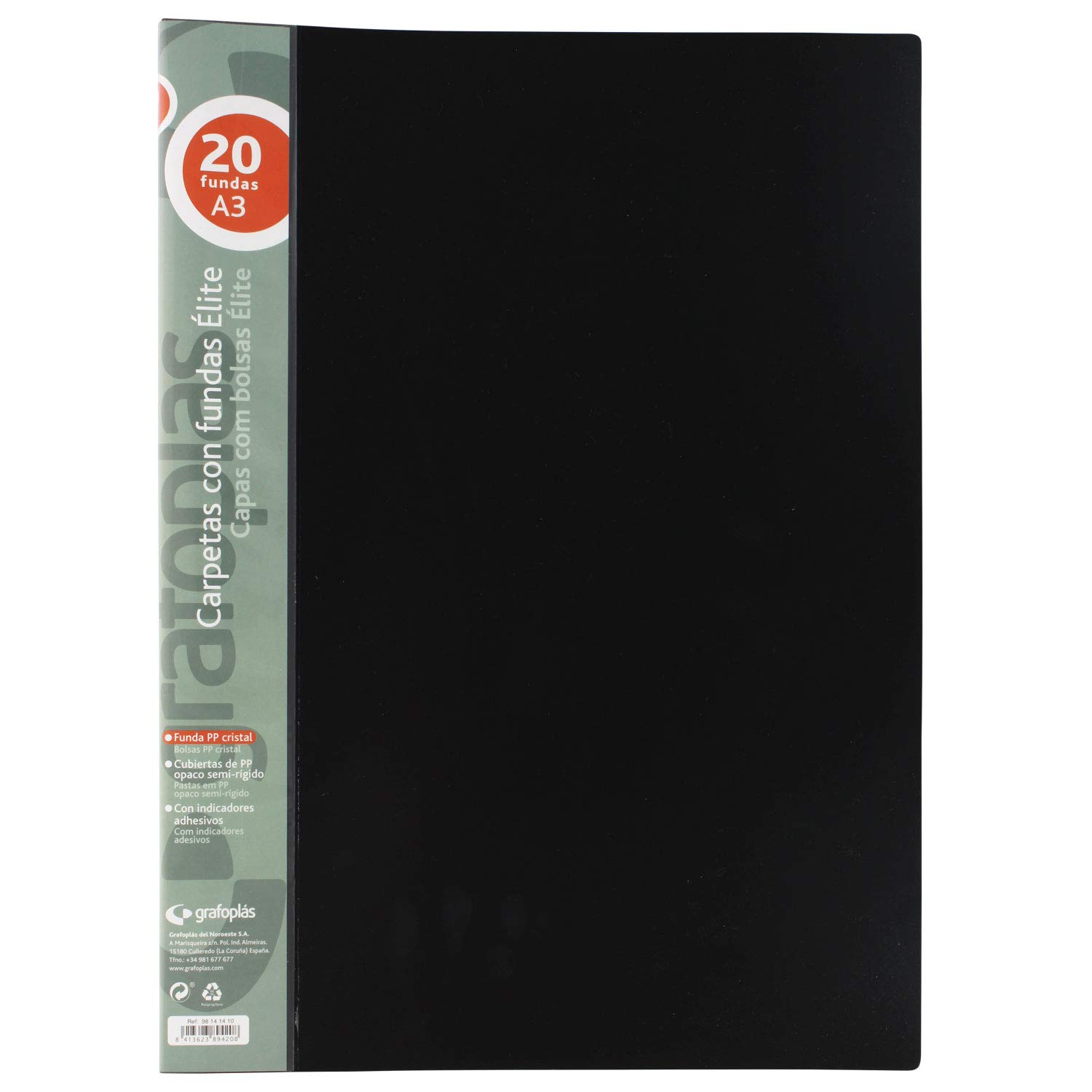 Grafoplás 98141410 Elite Folders with Covers, 20 Transparent Covers, Semi-Rigid Covers, Black, A3