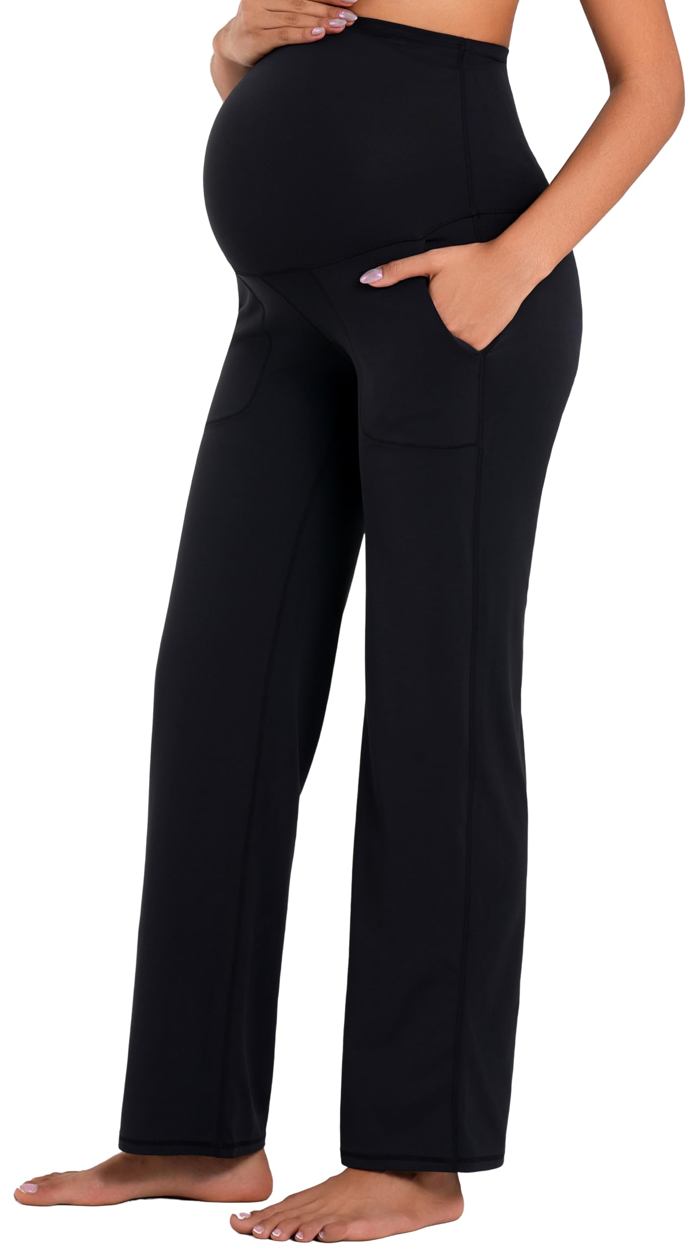 Sunzfly Umstandshose mit weitem Bein über dem Bauch, fließende Schwangerschaft, Lounge, Yogahose mit optionalen Taschen, dehnbar und stützend