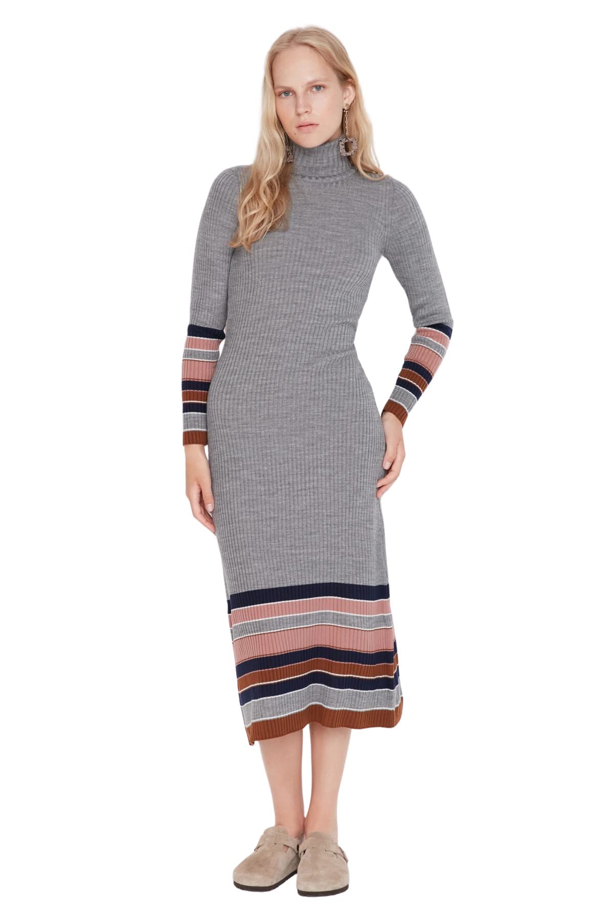 Trendyol Damen Anthracite Colorful Knitwear Dress Kleid, Anthrazit, L Eu