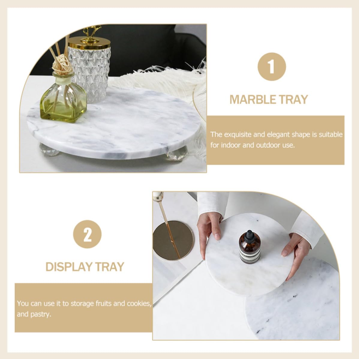 Bandeja Decoración Elegante de Mármol Natural Redonda Multifuncional para Frutas y Joyas para Escritorio y Uso Familiar en Interiores y Exteriores