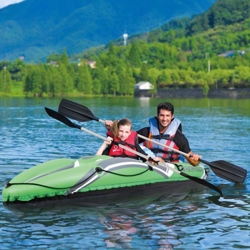 Kayak inflable Pathfinder Element 2 personas con respaldo de PVC resistente con pagaya doble sólida y bomba de inflado