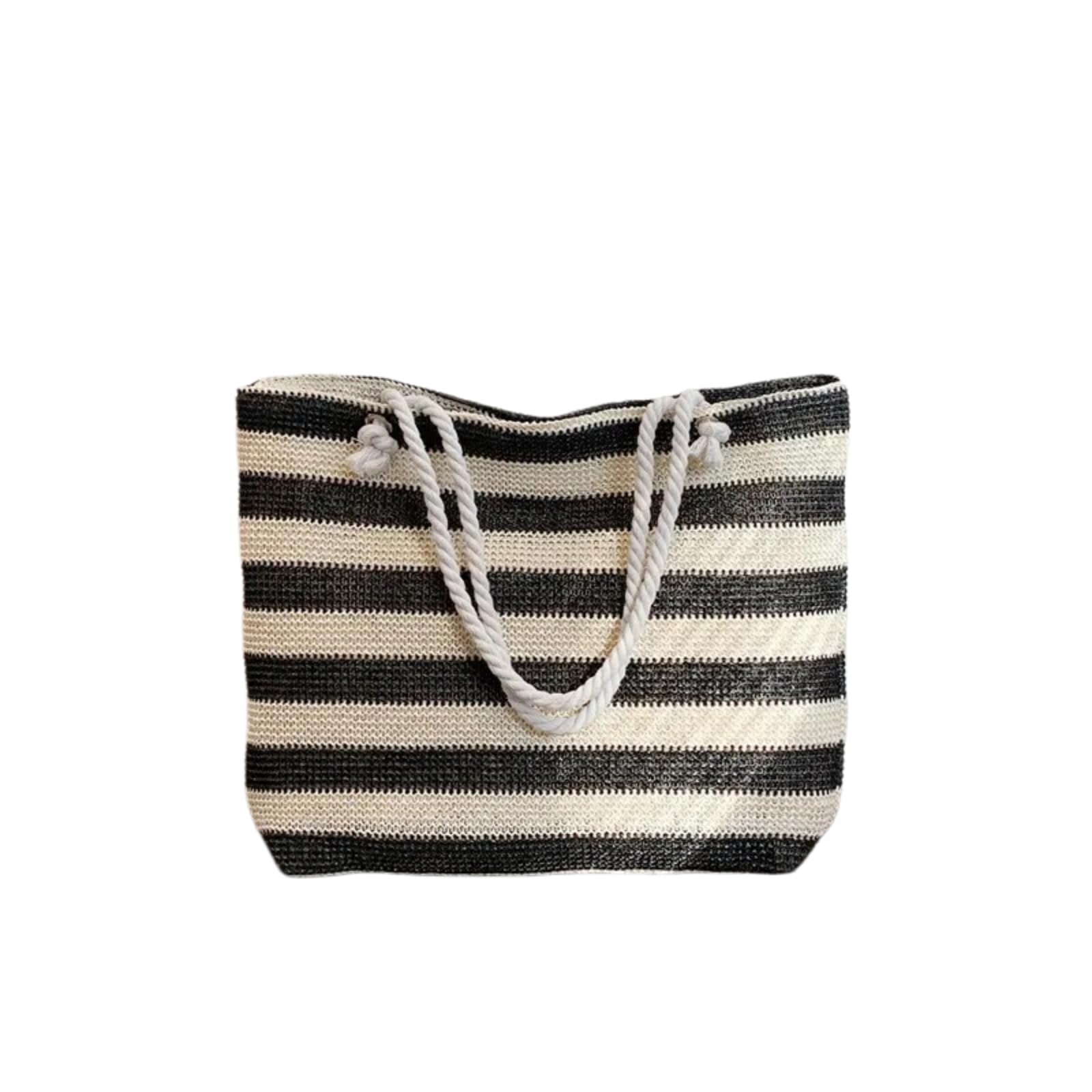 Borsa Spalla Paglia di Trasporto Tessuta con Maniglie Corda Annodate per Il Mare E I Viaggi Tempo Libero Giornalieri-black-40x 10x32cm
