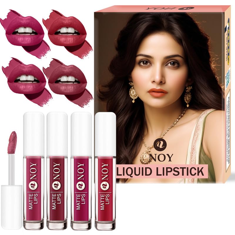 Image of Noy Liquid Matte Lipstick Combo Luxe Matte Pigment for a Stunning Pout - Mauve Nude, Dark Maroon, Red Wine, Venetian Red Shades Pack of 4