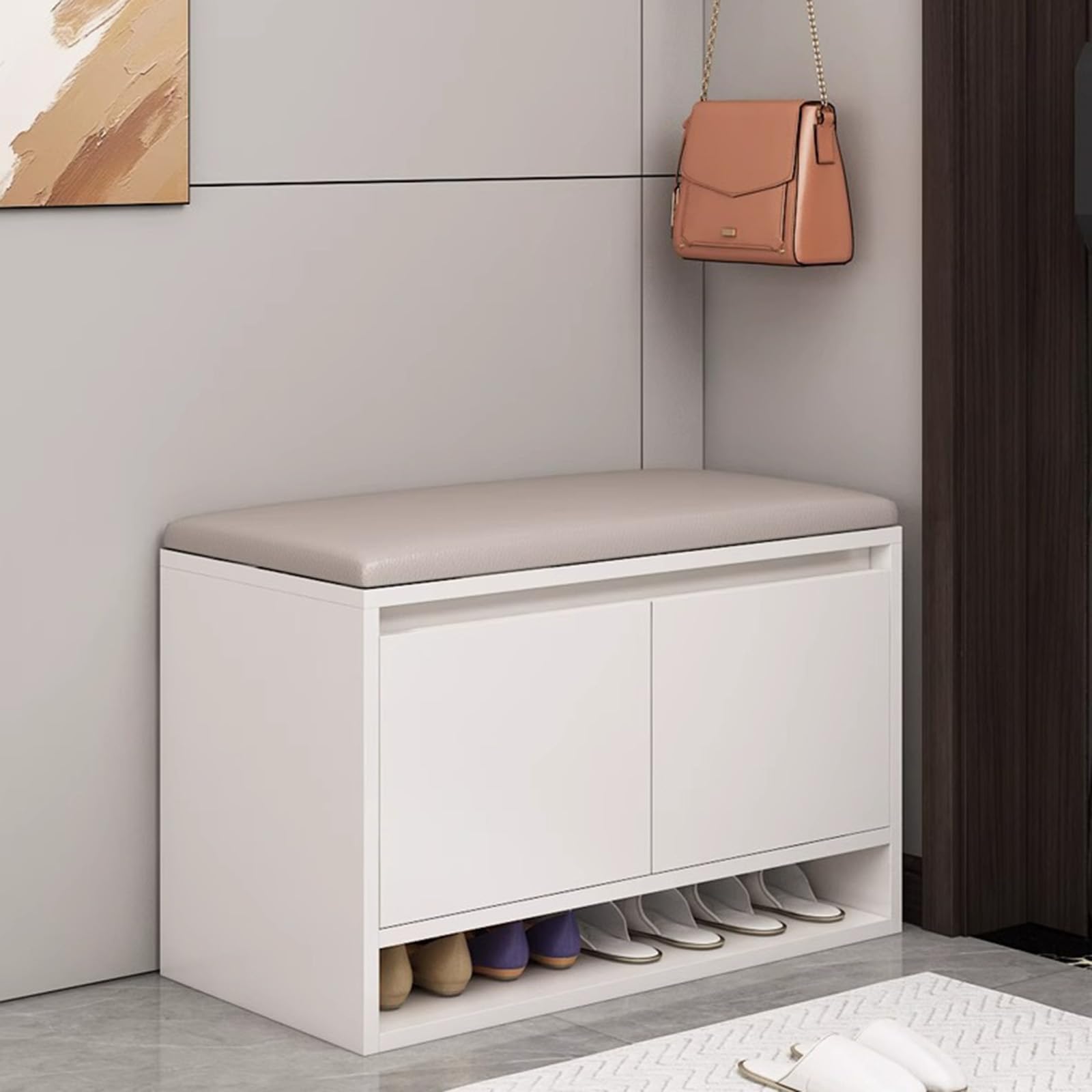 WJFTODAY Stylish Storage Bench with Leather Upholstery & High Elastic Foam Cushion Premium Shoe Cabinet with 3 Shelves Entryway Shoe Rack for nized Hallway