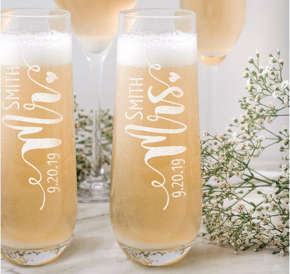 Mr Mrs Stemless Champagne Personalized Glasses Bride Groom Engraved Set of 2 Wine Flutes Engaged Proposal Custom