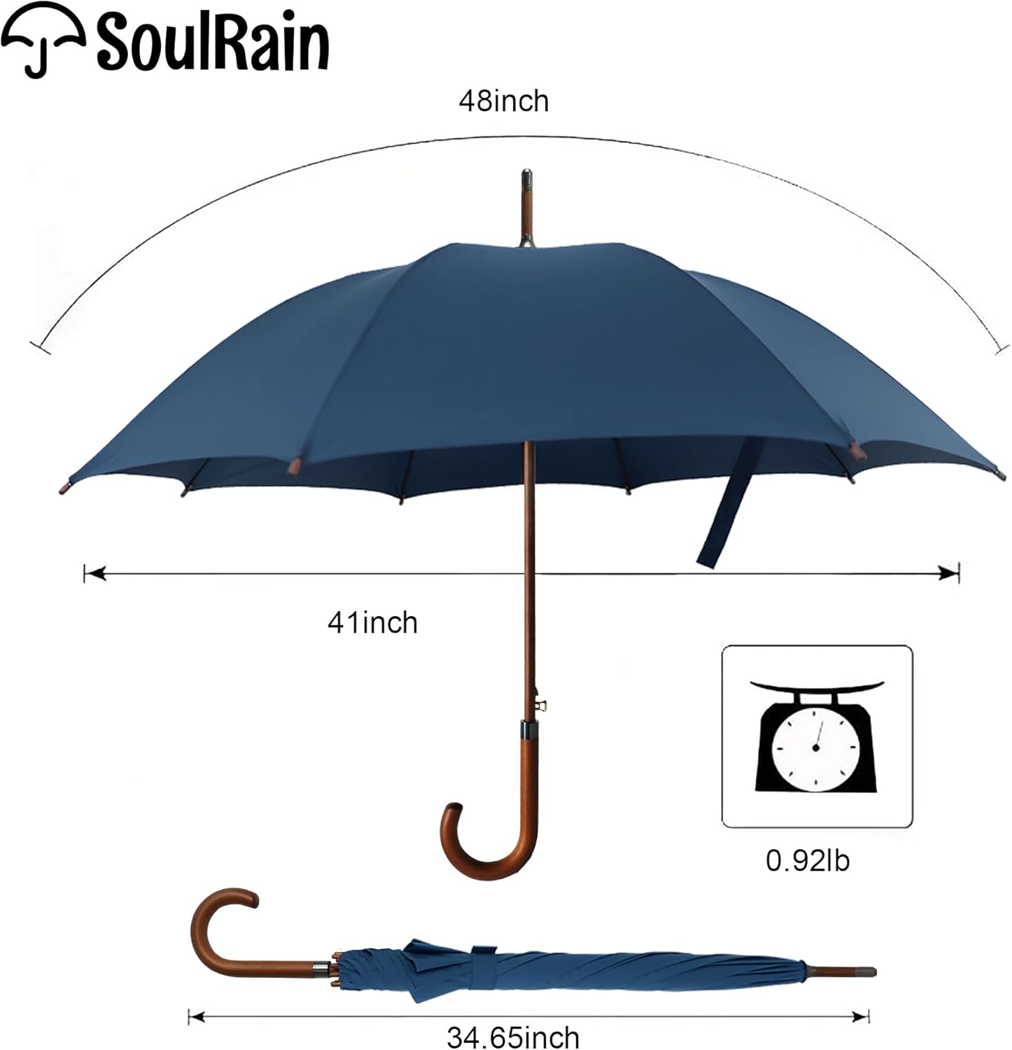 SoulRain 48" Large Umbrella –Windproof Stick Umbrellas for Rain, Automatic Open, Vintage Cane Navy Blue big Umbrella with Classic Wooden Handle,Open for 2 Persons adult,for Women & Men(Navy Blue) - Image 4