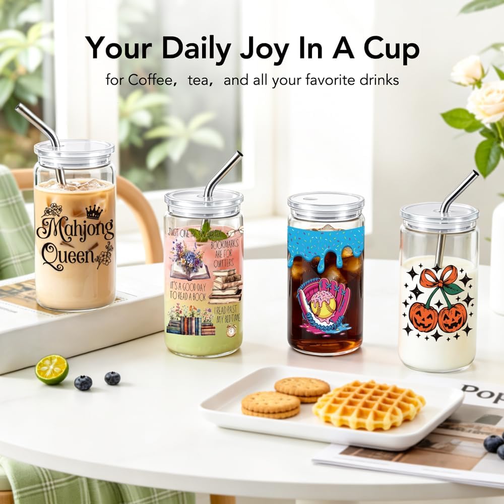 Halloween Pumpkin Cherry Glass Cup with Lids and Straws, Spooky Cute Gifts
