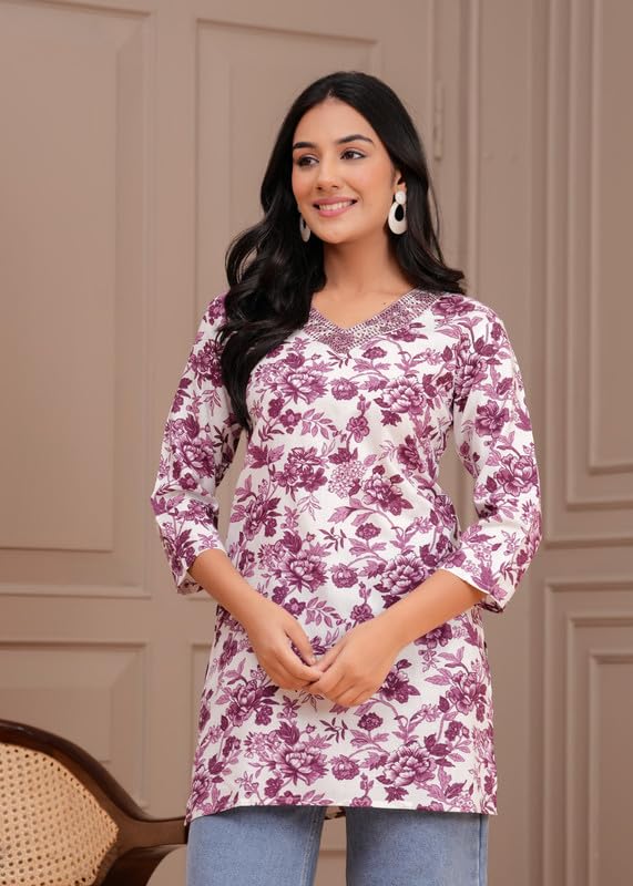 Image of Women's Ethnic Printed Rayon Short Kurta | Stylish Round Neck V-Slit Straight Kurti | Comfortable, Office & Casual Kurta for Jeans, Leggings & Trousers