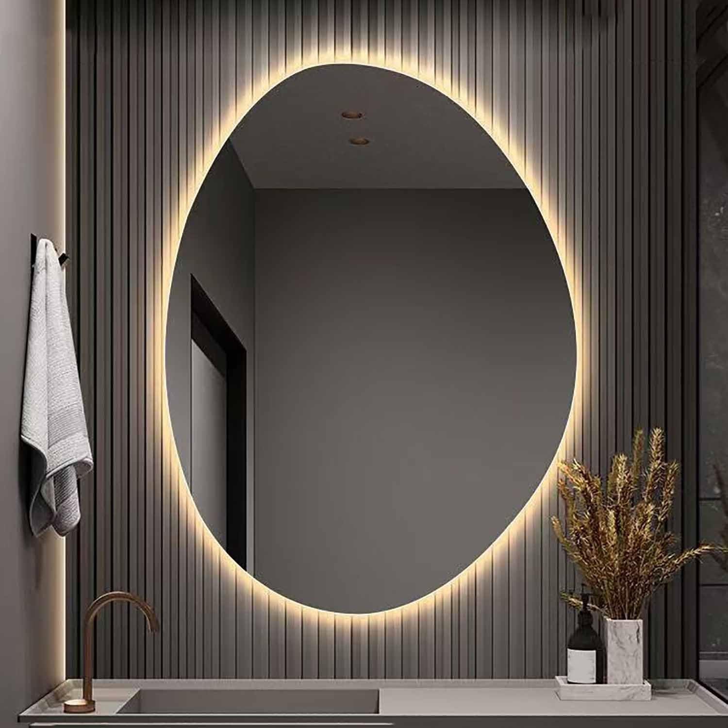 WJFTODAY Frameless Oval Irregular Wall Mirror - Anti-Fog Asymmetrical LED Vanity Mirror with Touch Control, 3 Color Dimmable, Perfect for Bathroom Decor (70x90cm)