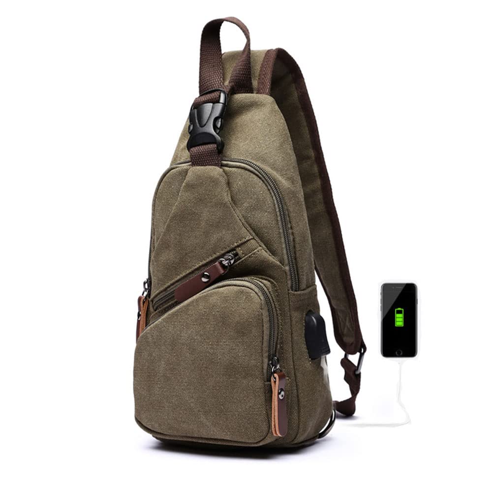 SCOFY FASHION Anti-Theft Sling Chest Bag with USB Charging Men's Waterproof Canvas Travel Shoulder Bag CrossbodyTravel Hiking Camping Cycling Purse Backpack (Army Green)