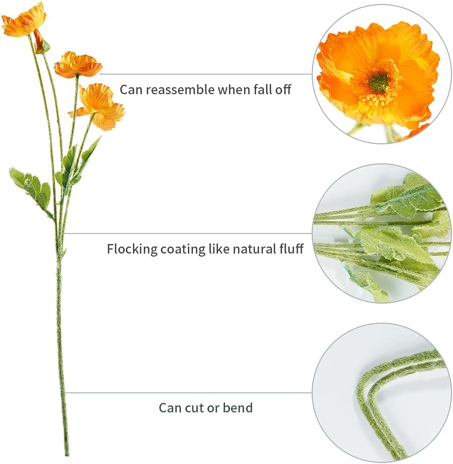 Artificial Poppy Flowers, 5 Bundles Faux Poppies with Stems for Floral Arrangements - Wedding, Home, Office, Party Table Centerpiece Decor (Orange) - Image 2