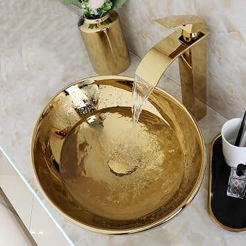 Gold Ceramic Vessel Sink with Faucet and Pop-Up Drain 17x14 Oval Bathroom Basin Bowl Above Counter Sink Bowls Thickened Compact Boat Shape Sinks for Small Vanities and Apartment Bathrooms