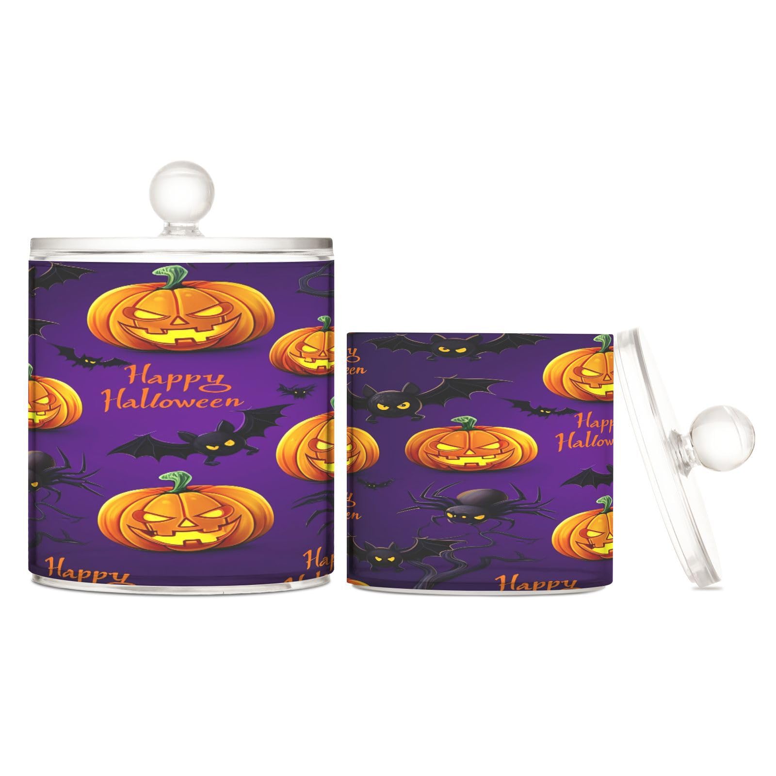 BOESI Bathroom Organizer Set of 2, Cotton Swab Caddy with Lid Dispenser, Halloween Pumpkins and Bats