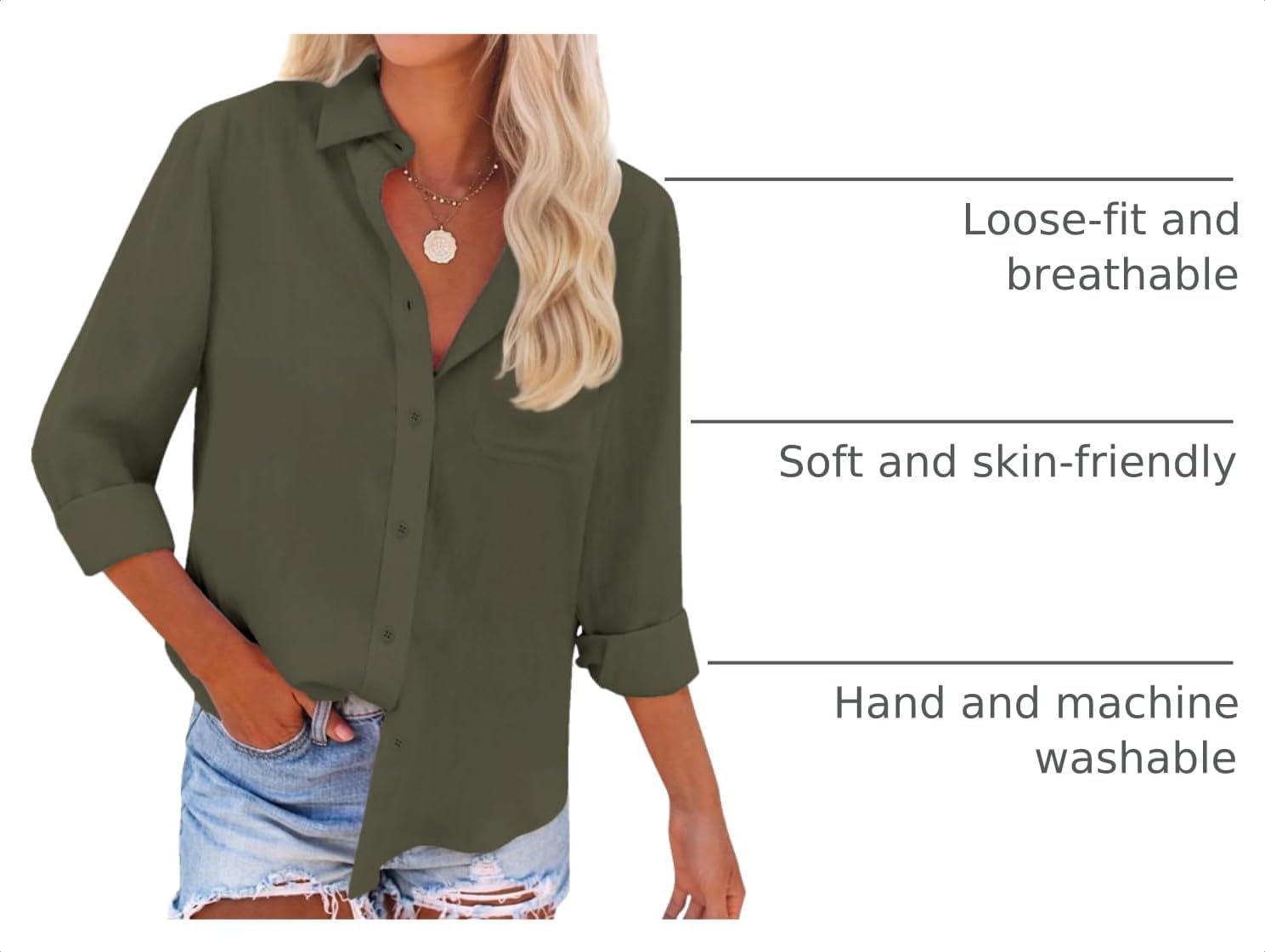 Womens Cotton Button Down Shirt Long Sleeve Casual Blouse with Pocket image 4