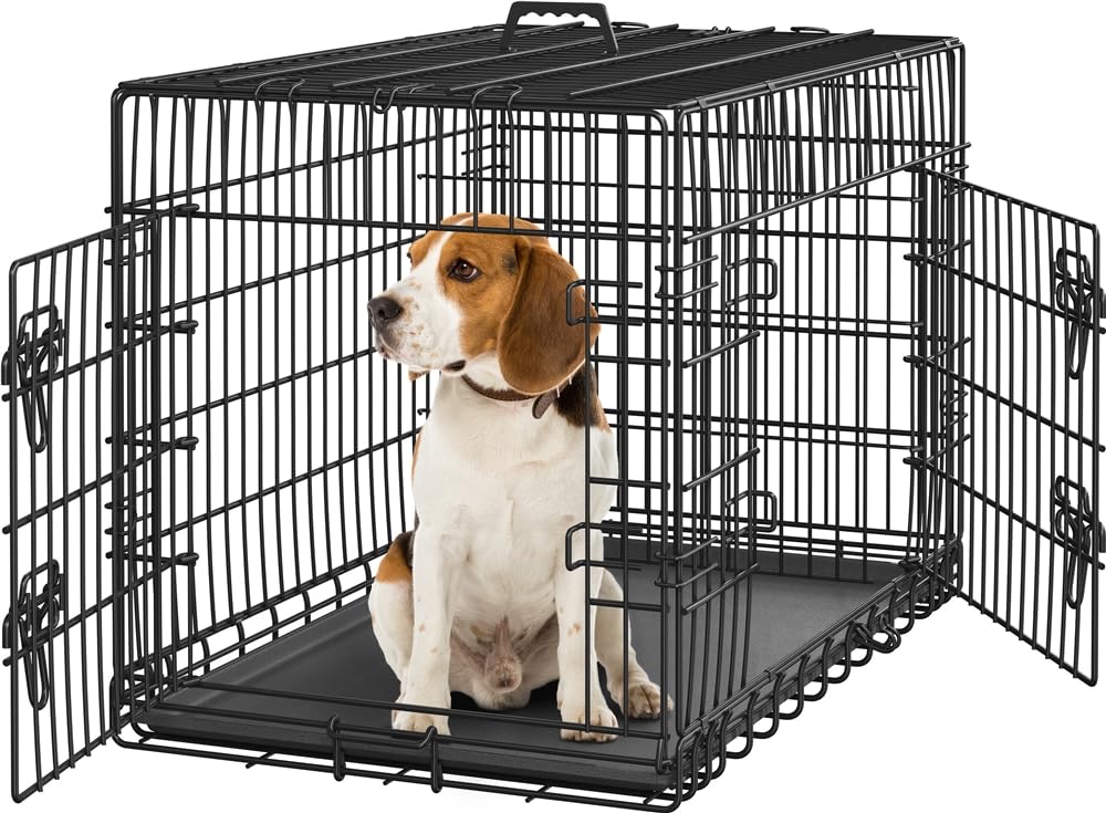 Yaheetech Gabbia per Cani Gatti Kennel in Metallo Cuccioli Pieghevole con Vassoio Rimovibile Doppia Porta e Divisorio Regolabile 92 × 56,5 × 63 cm Nero