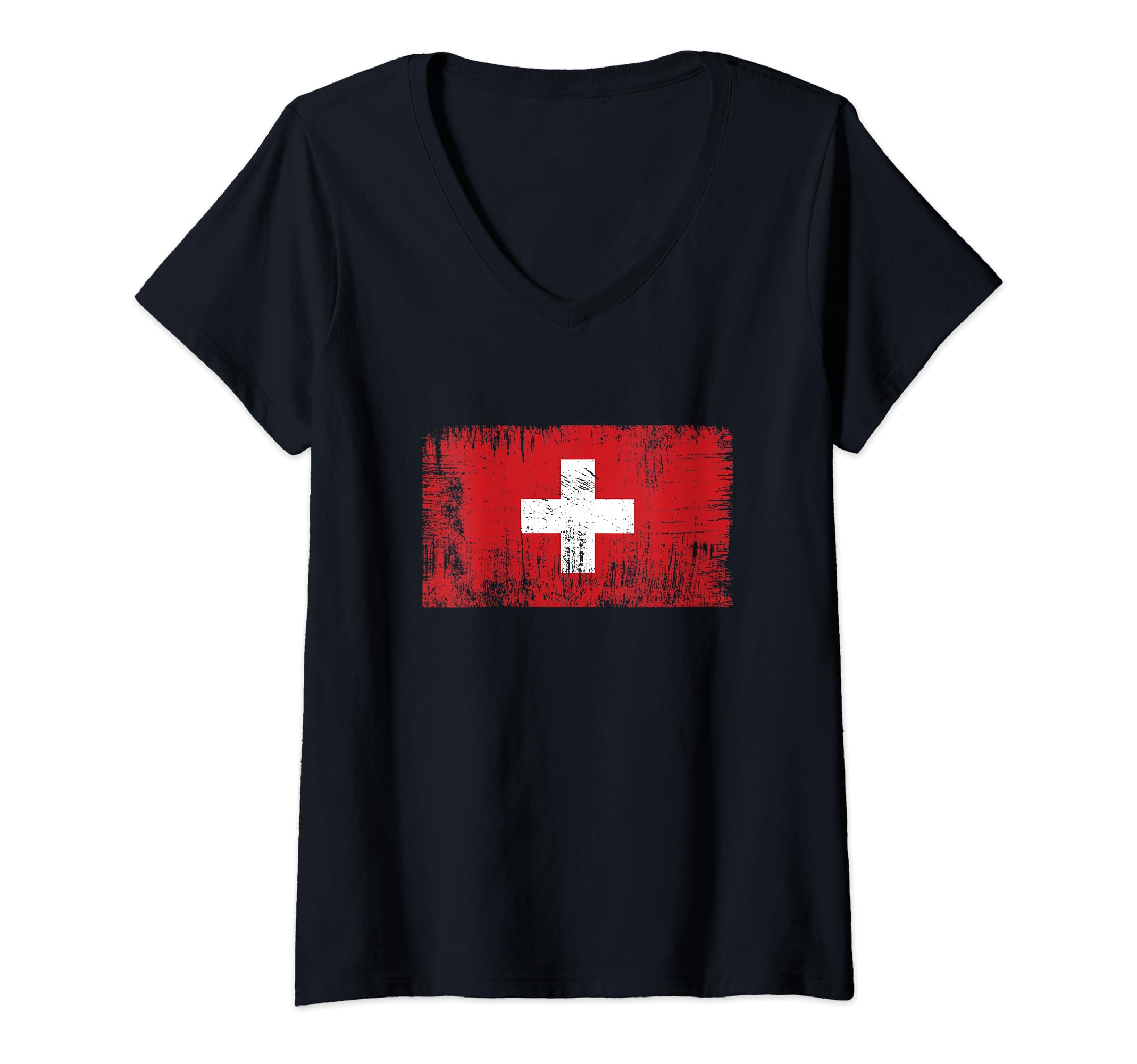 Womens Vintage Swiss Banner Fan Switzerland Flag Retro V-Neck T-Shirt, Black