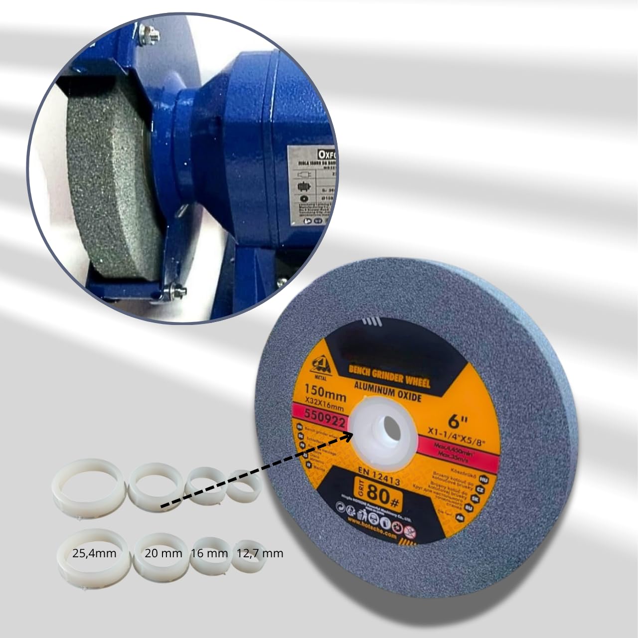 Disco Mola Abrasiva per Smerigliatrice da Banco 150x16 mm | Grana 80 | Set Professionale con 4 Anelli di Riduzione (32mm a 12.7mm) | Pietra Abrasiva per Metallo, Acciaio, Affilatura e Fai-da-Te