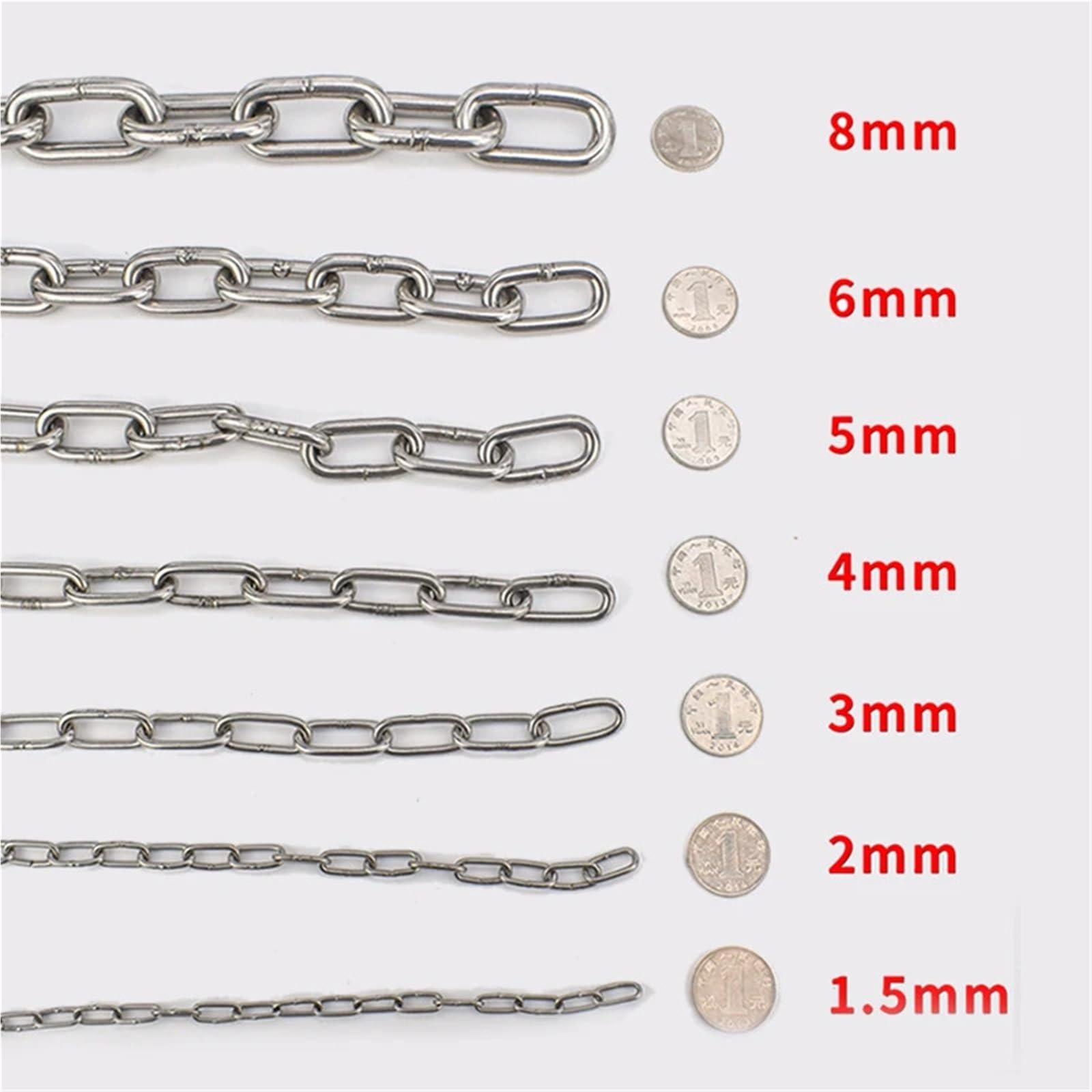 Catena di sollevamento Qualsiasi lunghezza del metro, diametro 1,2-10 mm, catena a maglie corte e lunghe saldate in acciaio inossidabile SS304/316, lucidata a specchio Paranchi(12MM Short Link,Stainle