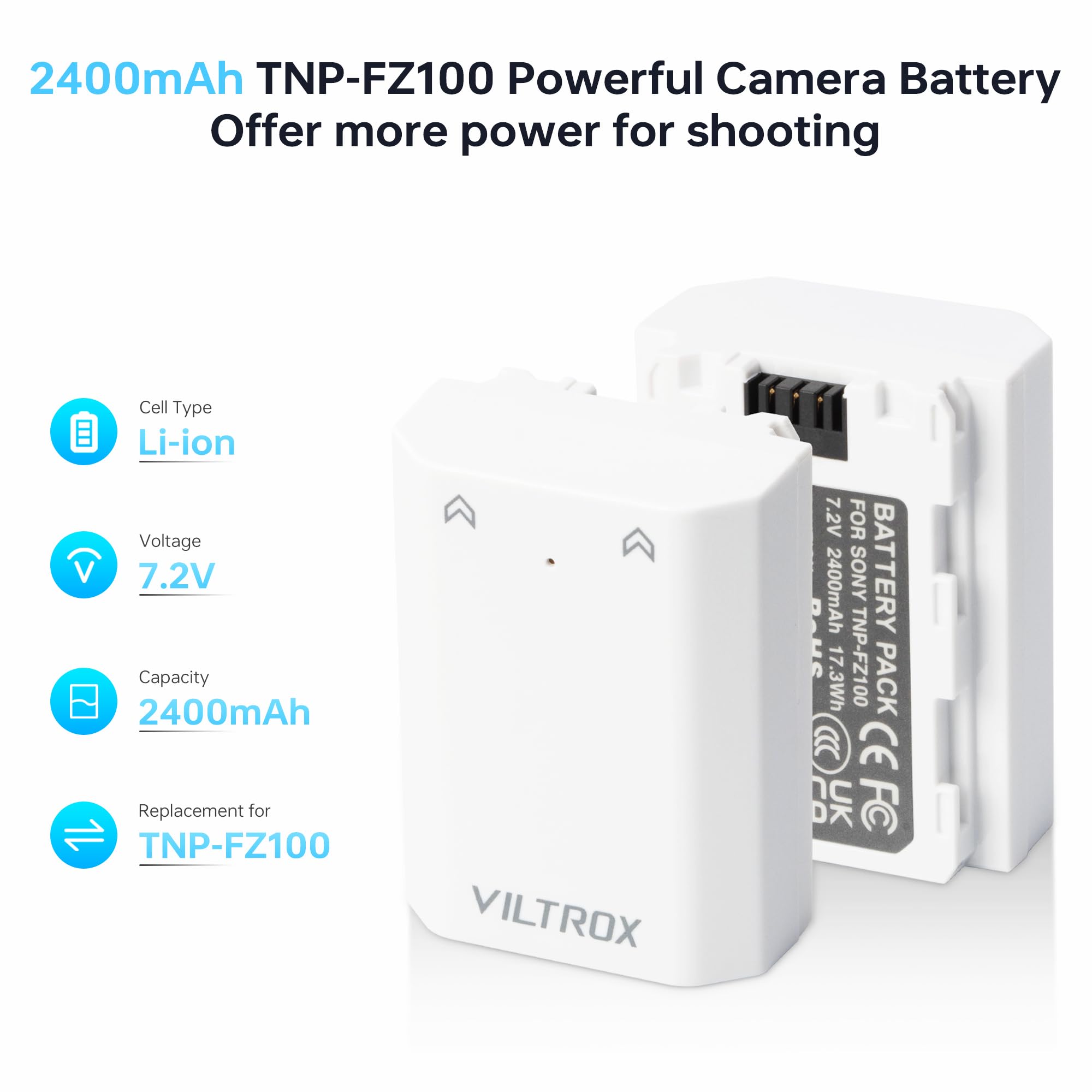 VILTROX 2 Pack NP-FZ100 Batería de Repuesto para cámara de 2400mAh Recargable con USB-C Carga Rápida de 2,5 Horas Compatible con Sony A7R IV, A7R III, A7 III, A7C, A7C II, A6500,A6600,A6700,FX3,ZV-E1