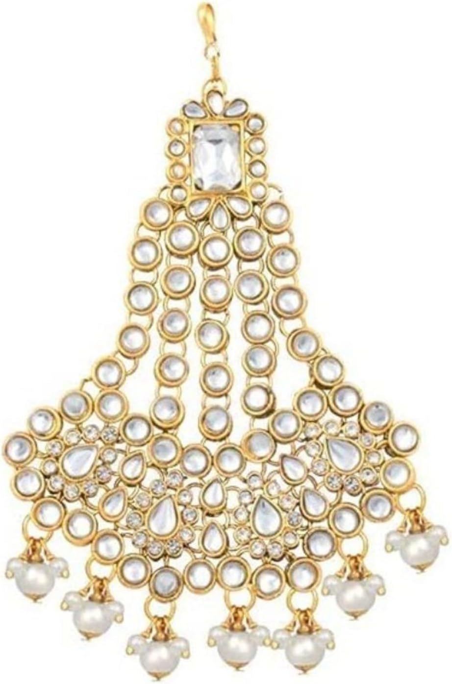 I Jewels Gold Plated Indian Wedding Bollywood Mughal Beautiful Long Pearl Kundan Jhumar Passa/Jhoomar Maang Tikka for Women