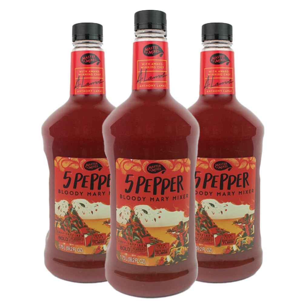 Master of Mixes 5 Pepper Extra Spicy Bloody Mary Drink Mix, Ready To Use, 1.75 Liter Bottle (59.2 Fl Oz), Pack of 3