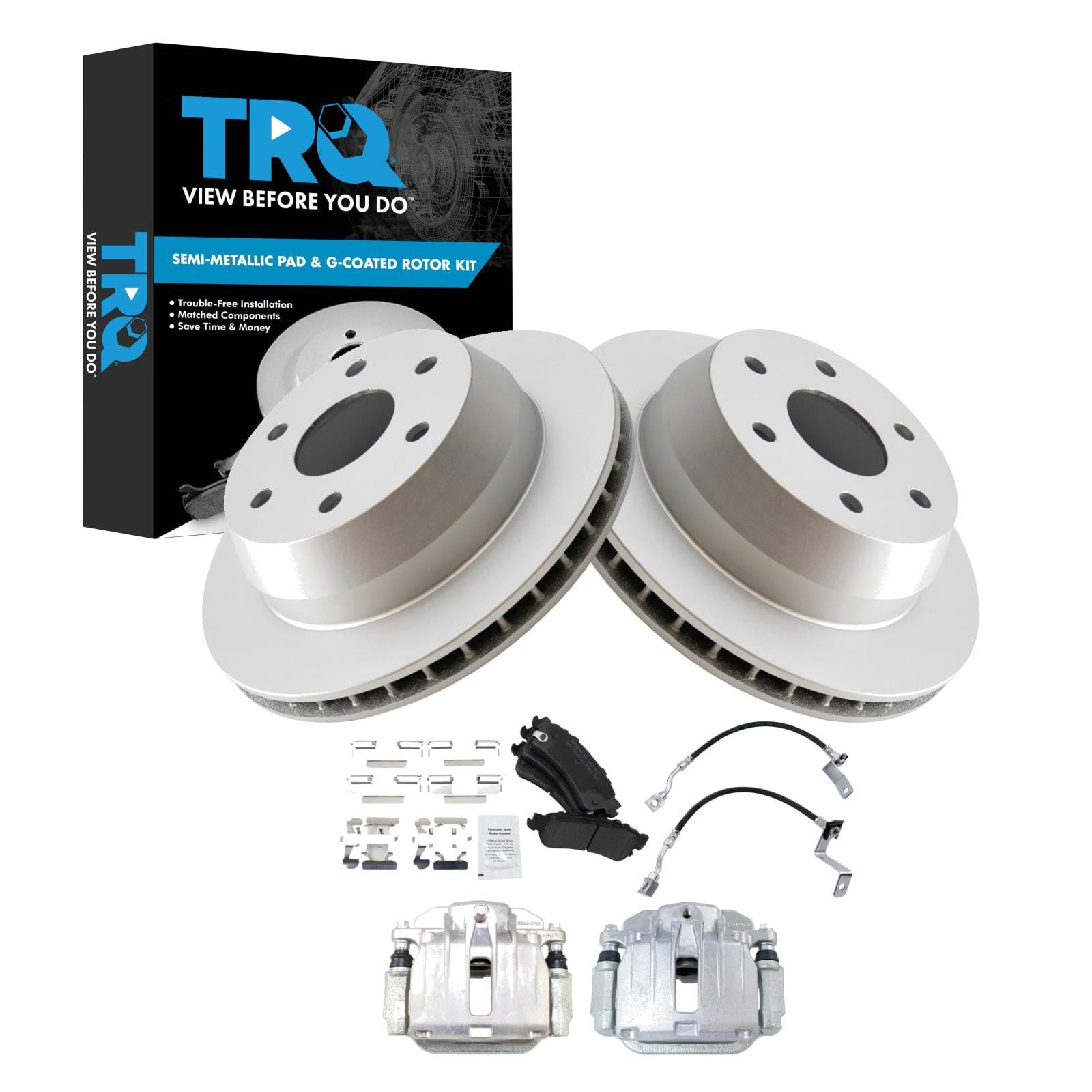 TRQ Rear Brake Pad and Rotor Set Semi Metallic G Coated Rotors Calipers Compatible with 2001 Chevrolet Silverado 1500 GMC Sierra 1500