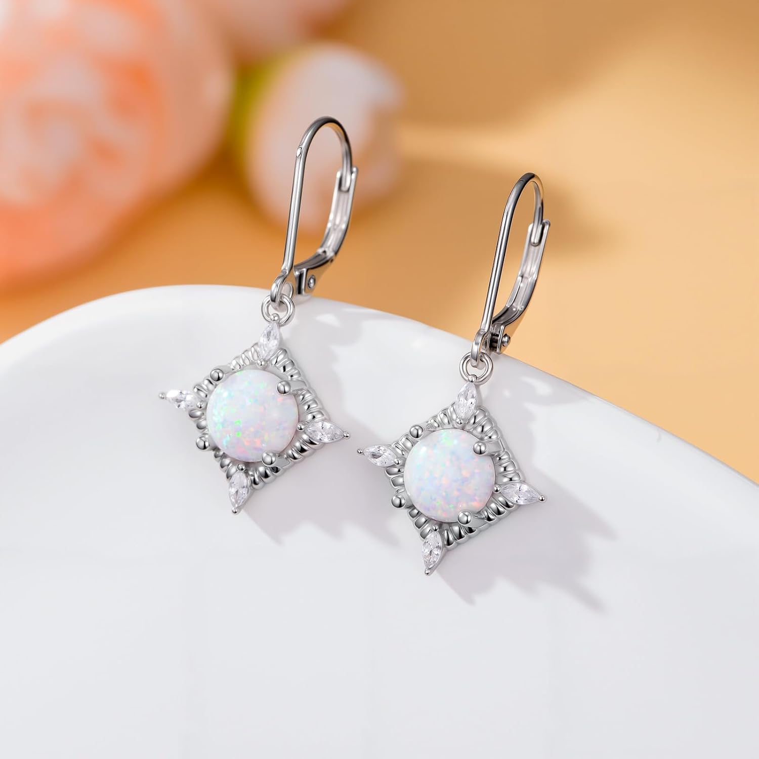 925 Sterling Silver Opal Earrings For Women Vintage Dangle Earrings Leverback Earrings With October Birthstone Gemstone Jewelry Earrings Drop for her