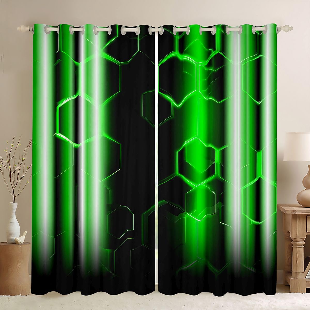 jejeloiu Honeycomb Curtains (2 Panels, 42 x 84 Inch) Modern Hexagon Theme Green Curtains Strip Lines Darkening Dreapes Modern Gradient Black Green