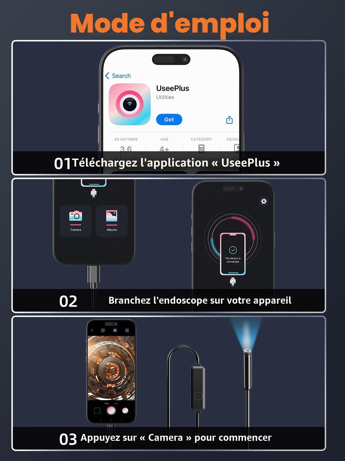 Caméra d'inspection endoscopique, endoscope HD 1920p avec 8 lumières LED, caméra d'inspection serpent semi-rigide de 10 m, IP67 étanche pour homme Gadgets pour iOS et Android
