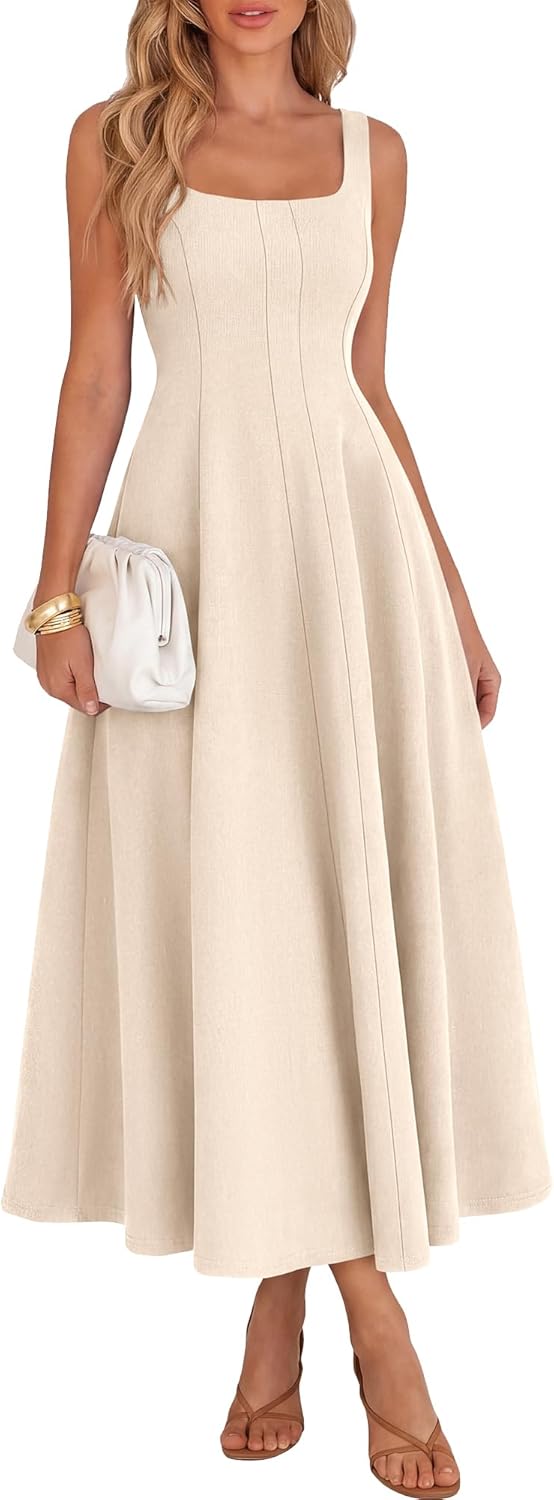 BTFBM Elegant Cocktail Dresses for Women 2026 Summer Square Neck Sleeveless A Line Formal Wedding Guest Party Maxi Dress