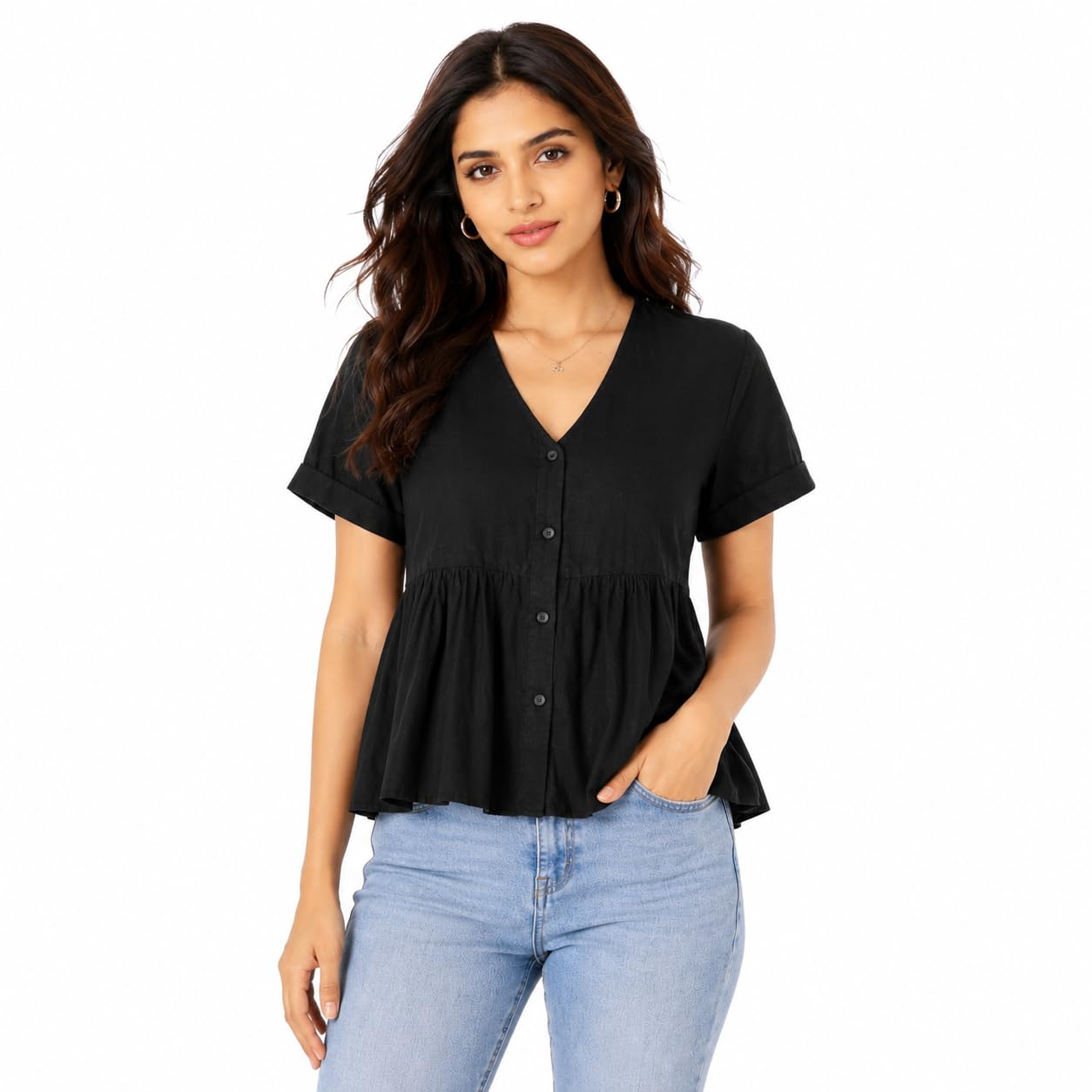 Women’s Black Button-Front Peplum Top – Short Sleeve V-Neck Casual Blouse, Lightweight Rayon Cotton, Everyday Wear, Summer & Work Outfit-picture-26
