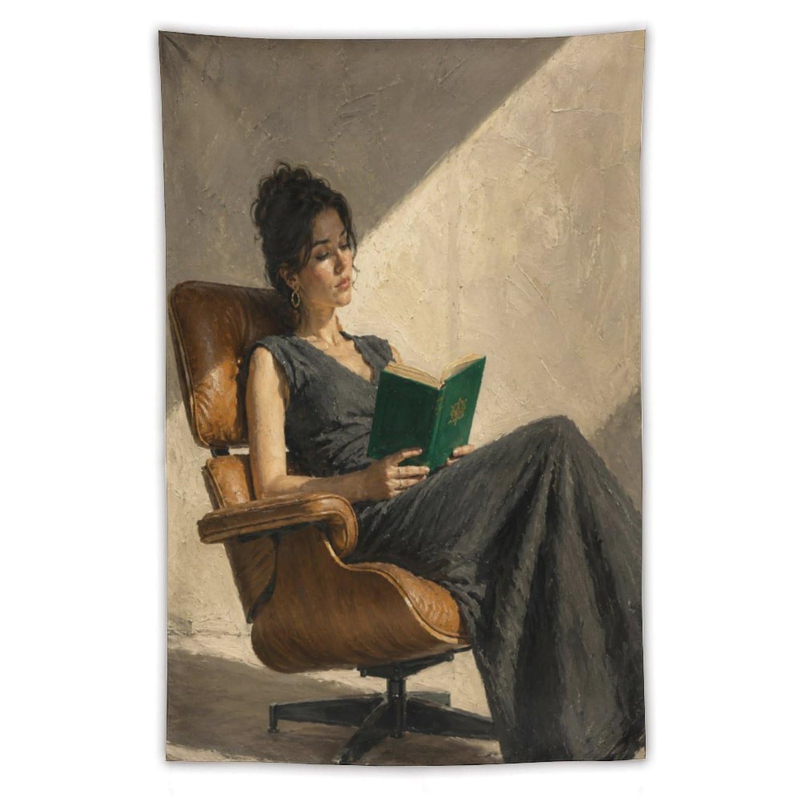 W7C8U2X3 Woman Reading Green Book Wall Tapestry, Sunlit Chair