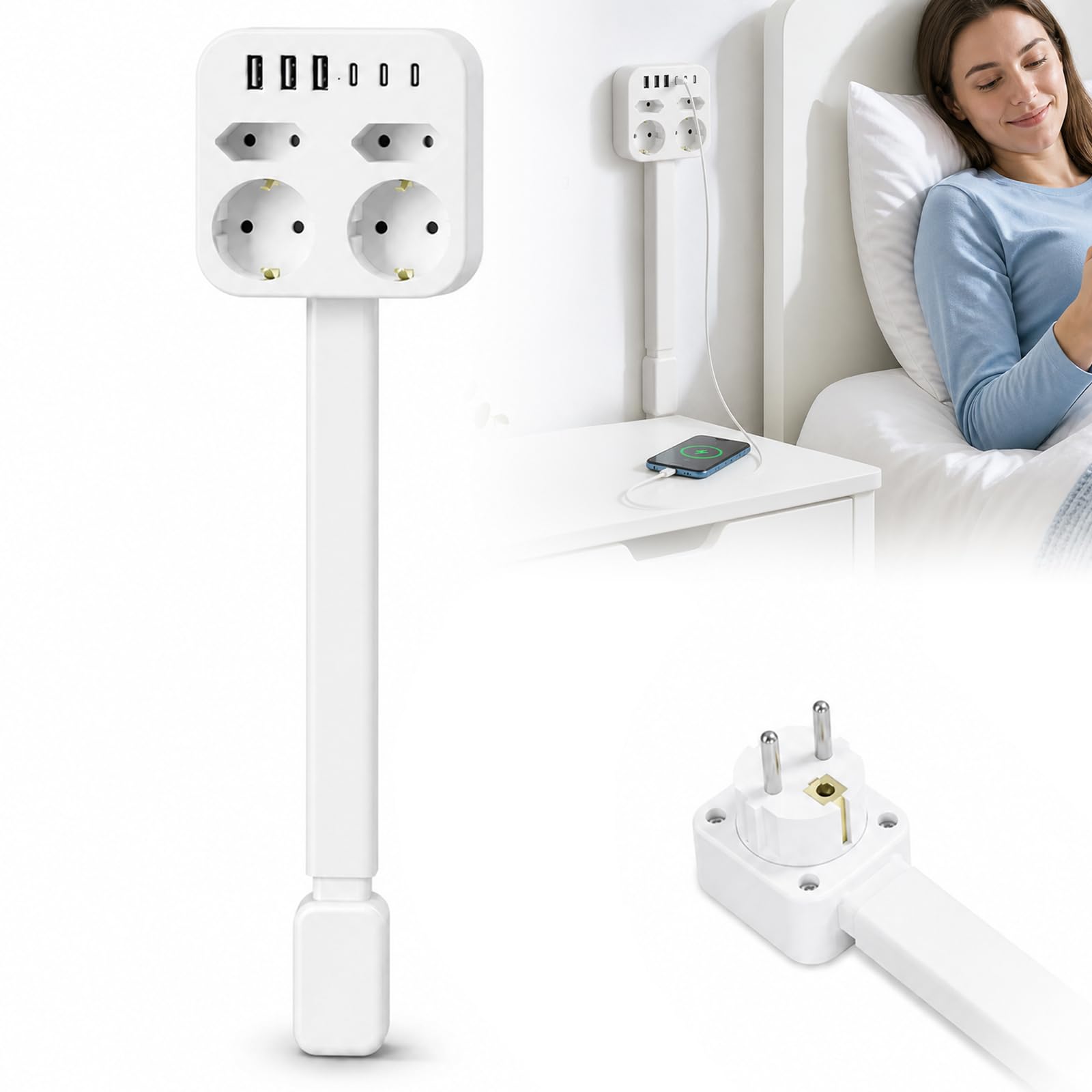 Ciabatta estensibile 45-65 cm, con USB, 3 USB e 3 prese di tipo C, 4 prese AC, montaggio a parete per divano, letto, scrivania