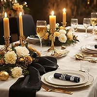 Vista 3 de WDF 100 unidades de servilletas negras y doradas desechables - 3 capas, servilletas negras con borde dorado, servilletas desechables de papel