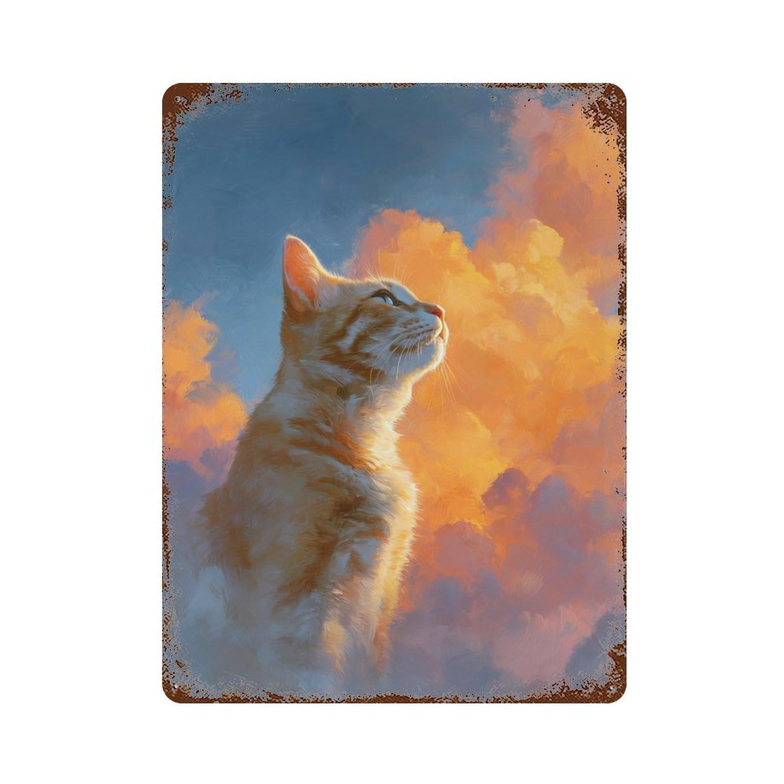 Garage Style Golden Cat Sunset Painting Rust Effect Tin Sign 15.7"x11.8", Rustic Home Decor for Bar And Workshop