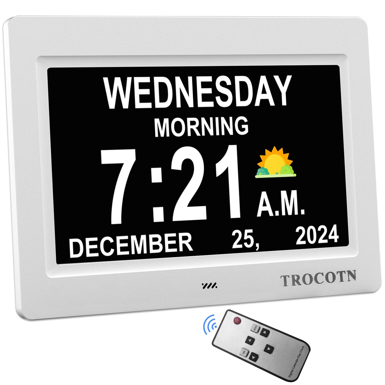 TROCOTN Dementia Clock Calendar Clock Large Display with Custom Alarms 7 inch White