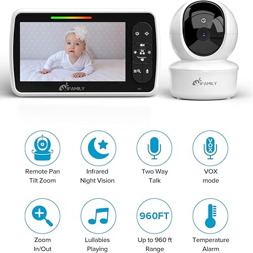 Miniatura 2 de iFamily Monitor de bebé  Pantalla grande de 5 pulgadas con batería de 30 horas  Zoom remoto de inclinación panorámica sin WiFi, audio bidireccional,