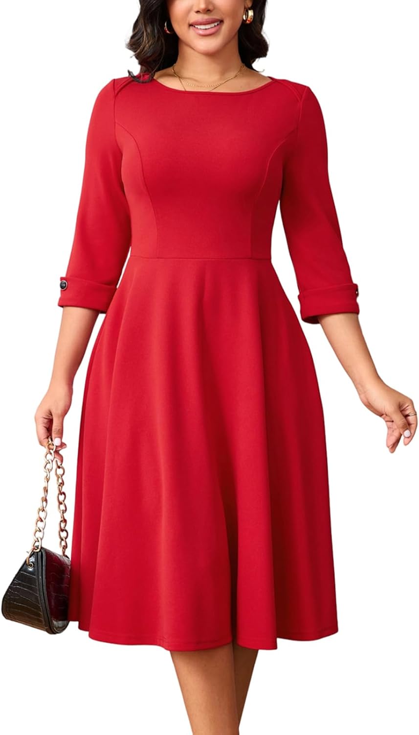 Work Dresses for Women Fit and Flare 3/4 Sleeve A-Line Silhouette Elegant Business Church Party Midi Dress with Pockets