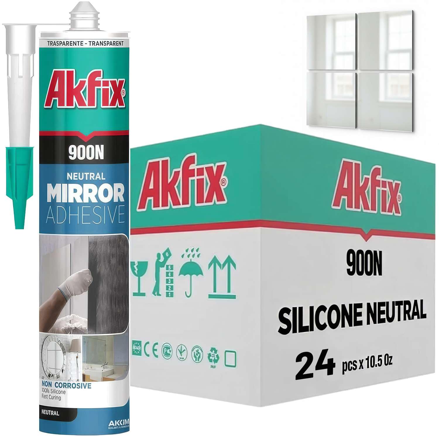 Akfix 900N Clear 100% Silicone Adhesive for Mirror (24x10.5 fl.oz.) - Solvent-Free Mirror Adhesive, Low Odor, Non-Corrosive, Durable, Fast Curing, Non-sag, Flexible Silicone Caulk | Clear, 24 Pack
