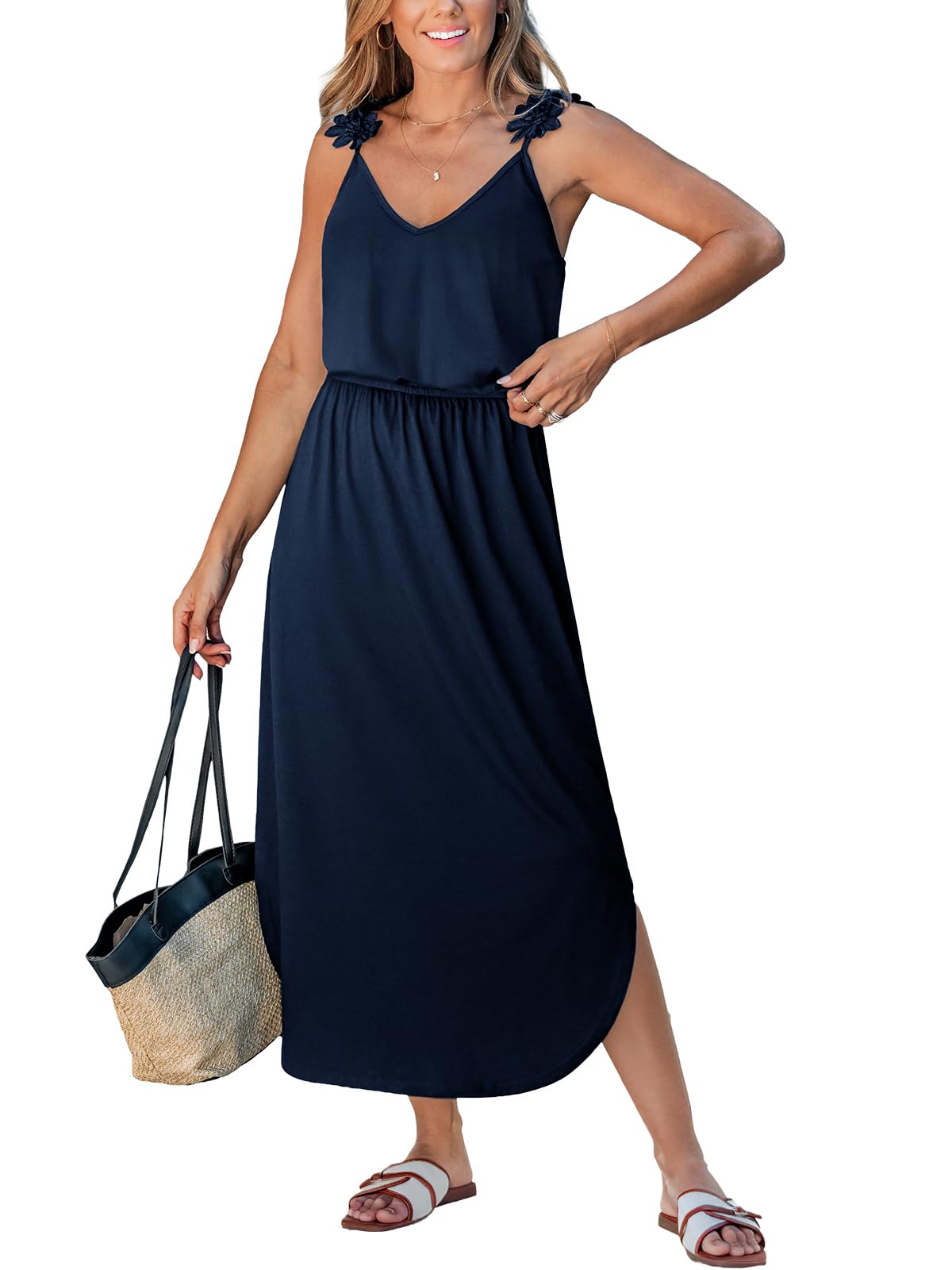CUPSHE Damen Sommerkleid Ärmellos 3D Blumen Träger Strandkleid V-Ausschnitt Elastischer Bund Urlaub Freizeitkleid