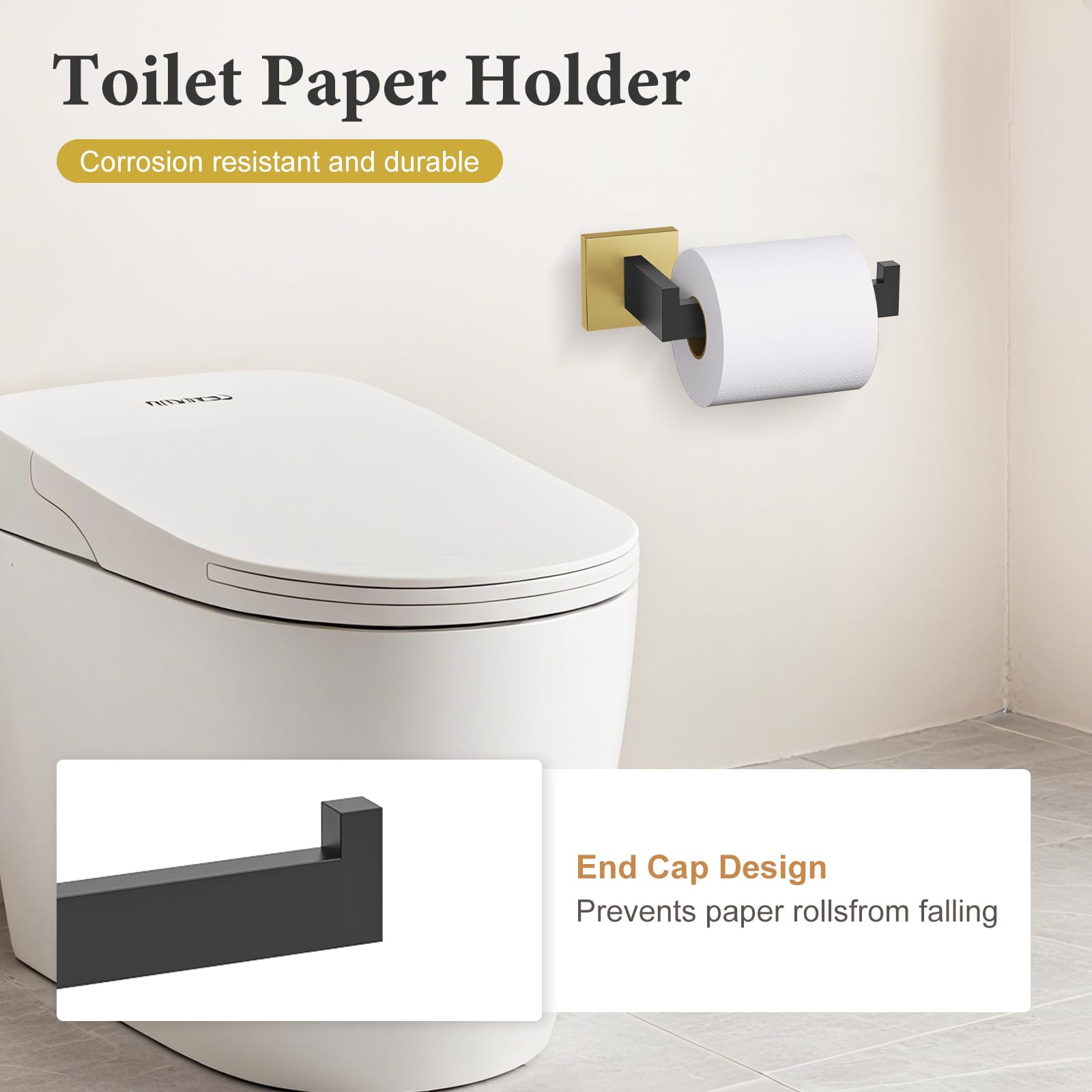 TURS Juego de Accesorios de baño de 4 Piezas, Color Negro y Dorado Cepillado, Juego de Accesorios de baño de Acero Inoxidable montado en la Pared