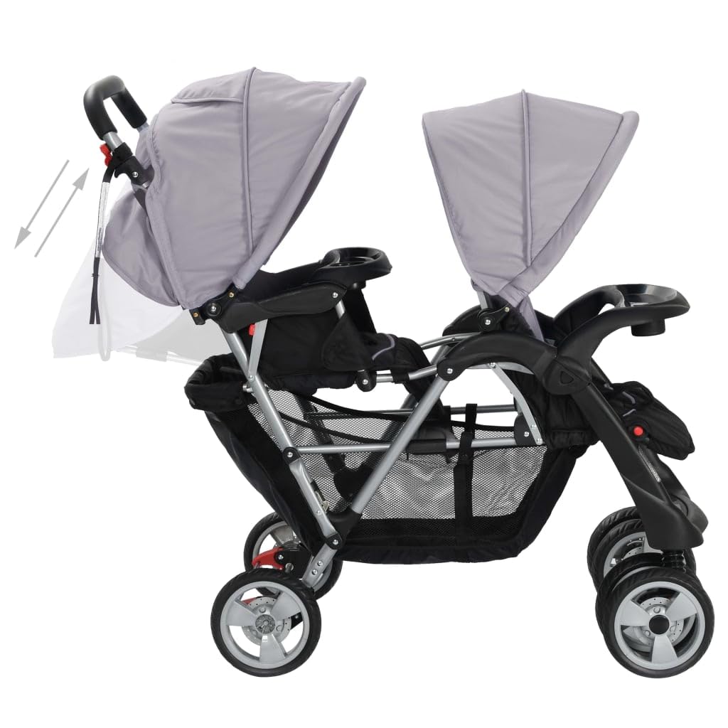 Poussette Double, Poussette pour Jumeaux Pliable Poussette à deux places acier gris et noir