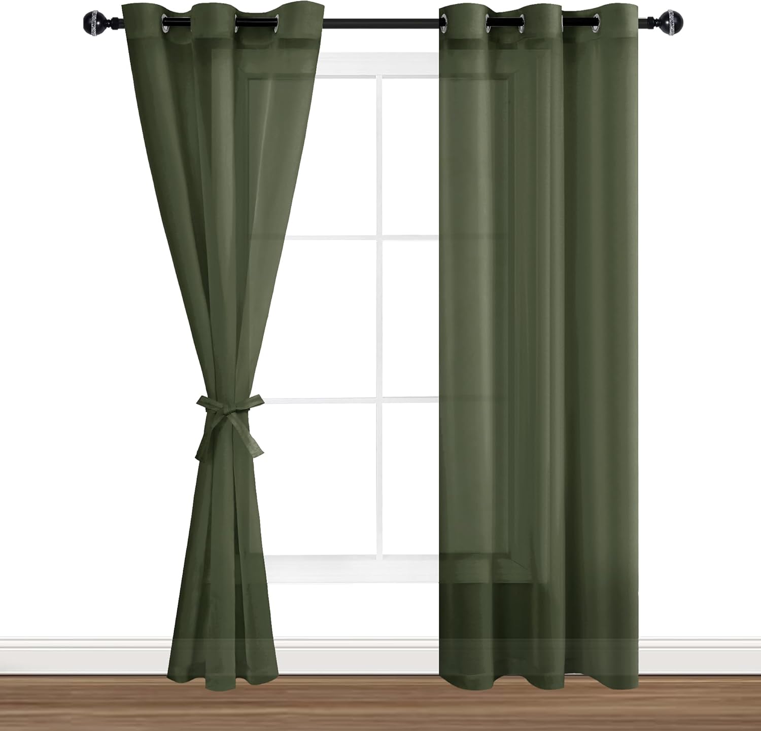 Hiasan Sheer Curtains for Bedroom with Tiebacks, Light Filtering Voile Textured Drape Lightweight Grommet Window Curtains for Patio Door, Living Room, Nursery, Olive Green, W42 x L84, 2 Panels 42"W x 84"L (Pack of 2) Olive Green