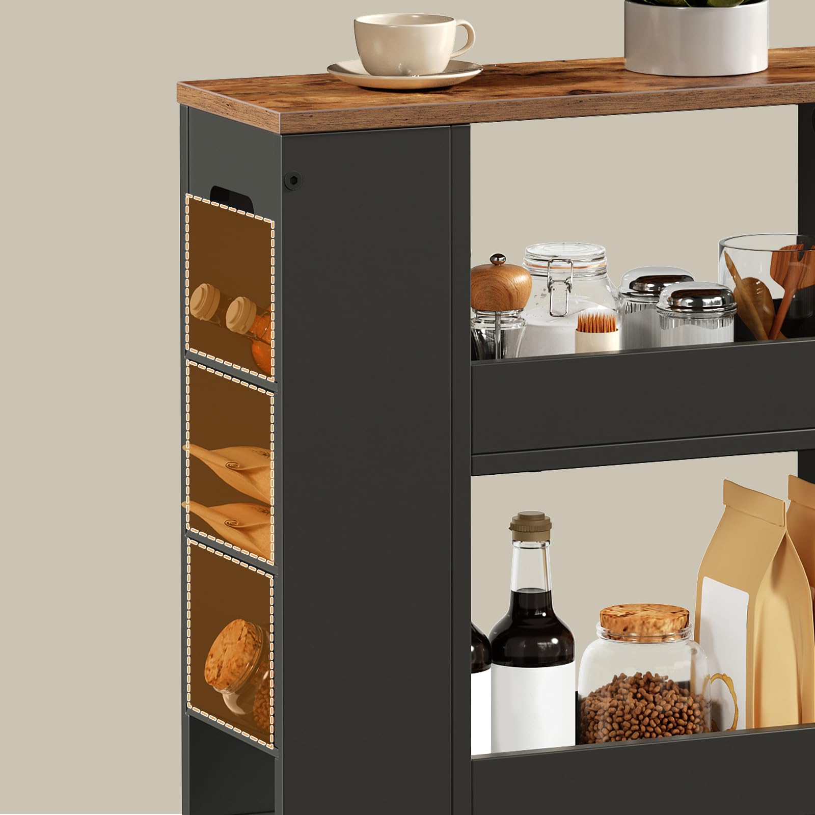HOOBRO Carro Estrecho de 4 Niveles, 40 x 15 x 85,5 cm, con 4 Ruedas Giratorias Bloqueables, para Espacio Pequeño, Cocina, Baño, Sala de Estar, Negro y Marrón Rústico EBF84TC01